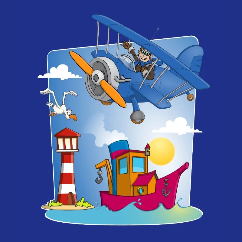Sonne, Meer, Flugzeug, Boot, Leuchtturm und Möwe