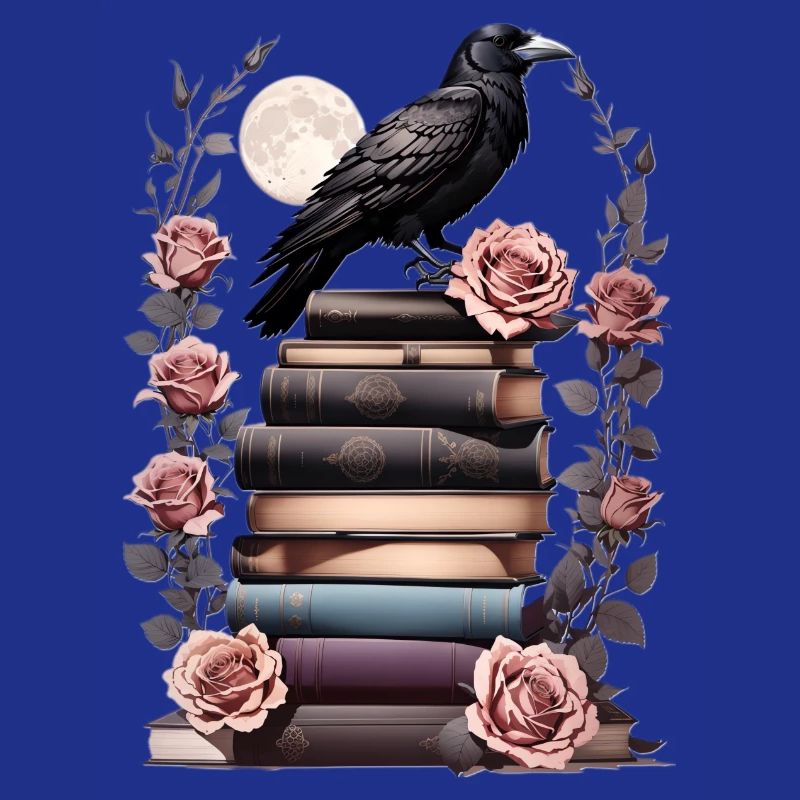 Stack of books with raven