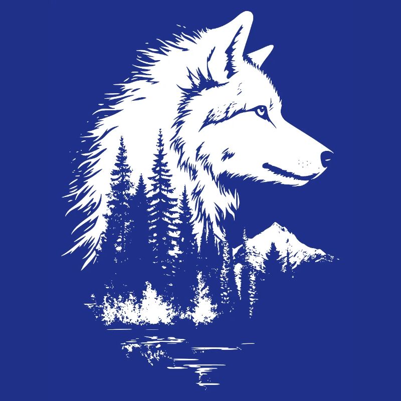 Wolf face forest silhouette in black and white style