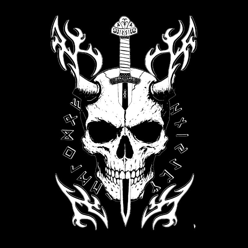 Skull with sword and flames with protection symbol