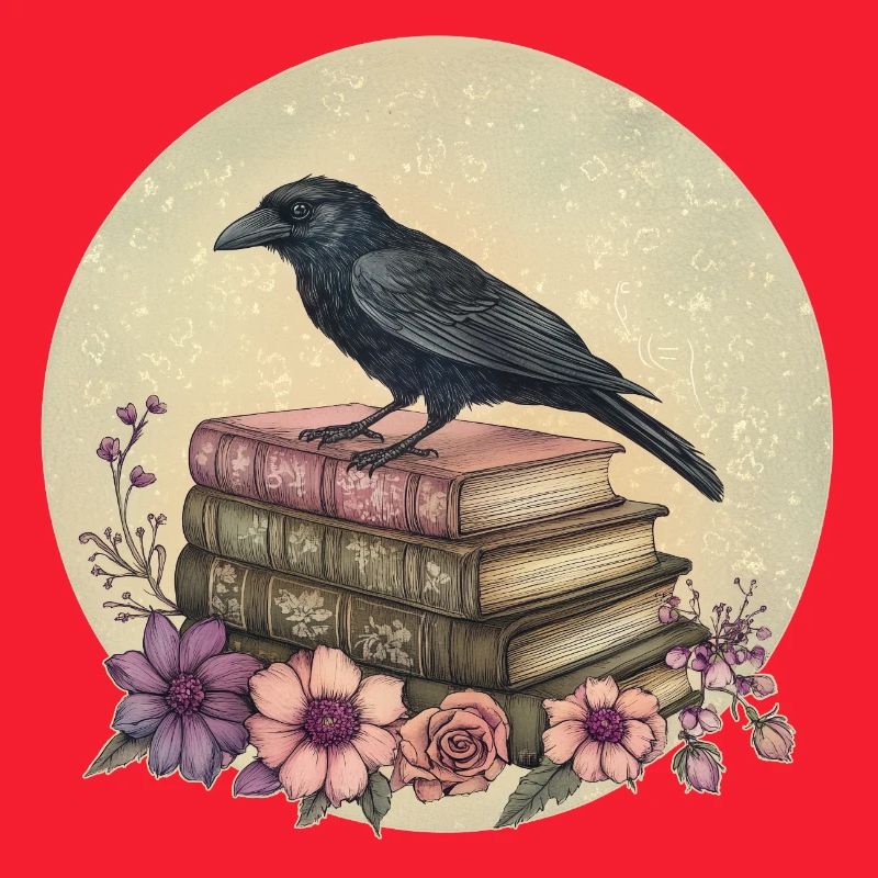 Raven on stack of books