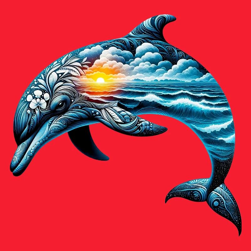 Decorated dolphin painted with a seascape