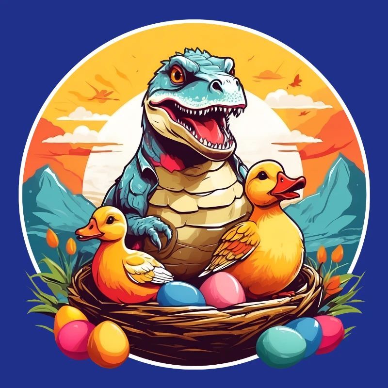 Little Dino in Easter Basket, Dino Baby and Easter Eggs.