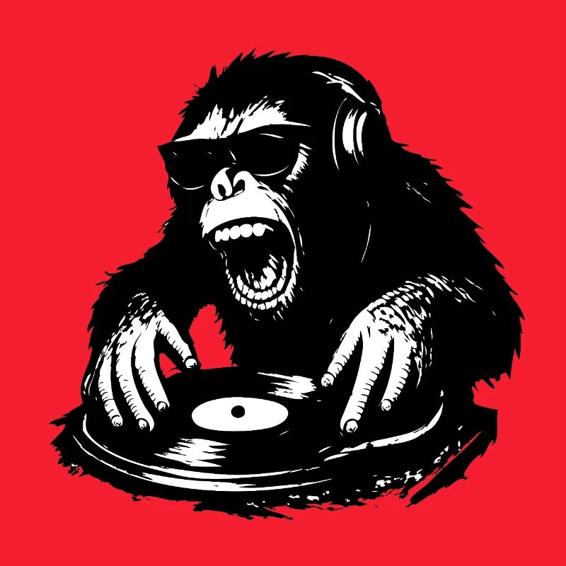 Wild DJ monkey on vinyl turntable