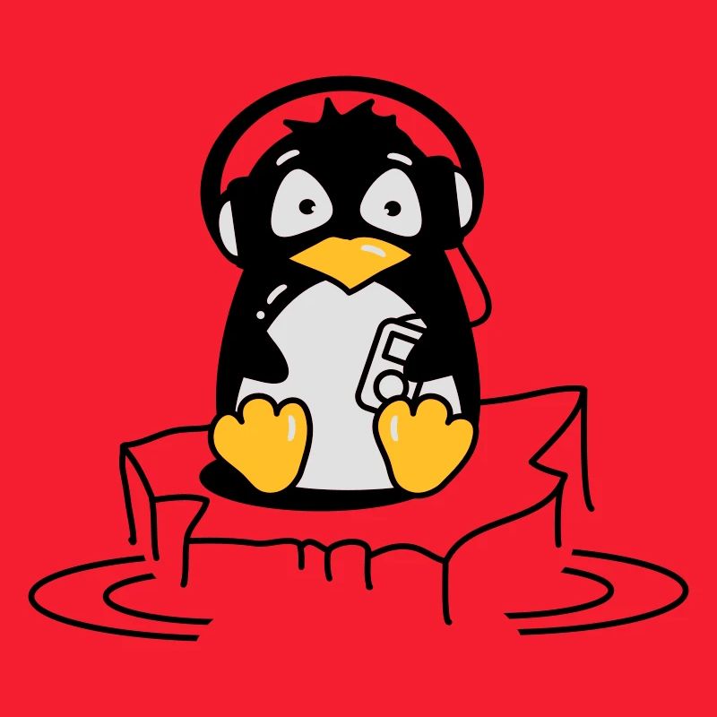 Cooler Pinguin mit Kopfhörern auf Eis