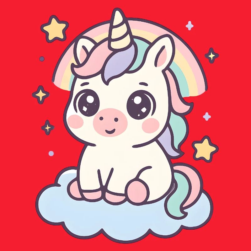 Kawaii Unicorn on Cloud with Rainbow Stars