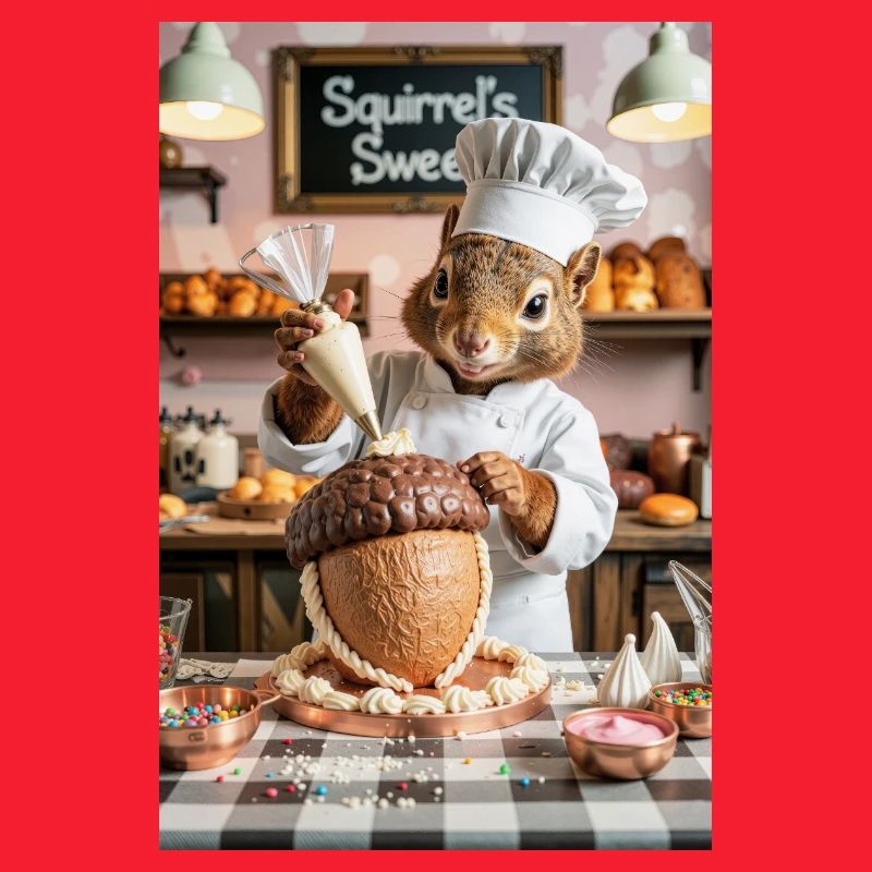 Humanoider Eichhörnchen-Koch mit Schokoladenkuchen