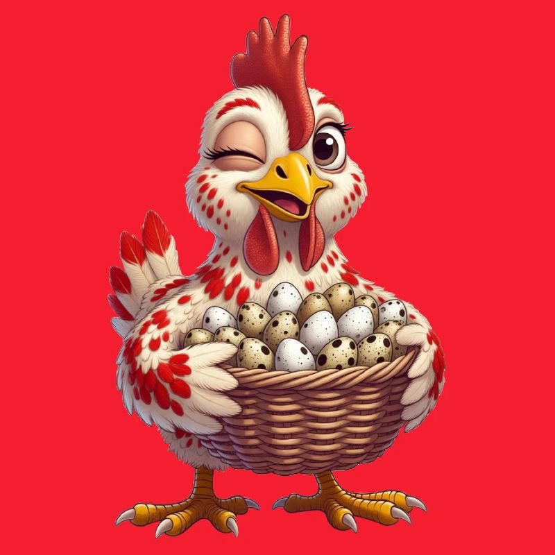 Huhn mit einem Korb voller Eier