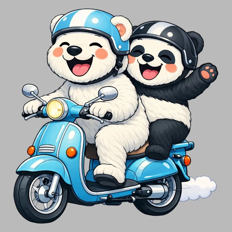 Polar Bear and Panda Bear on a Scooter