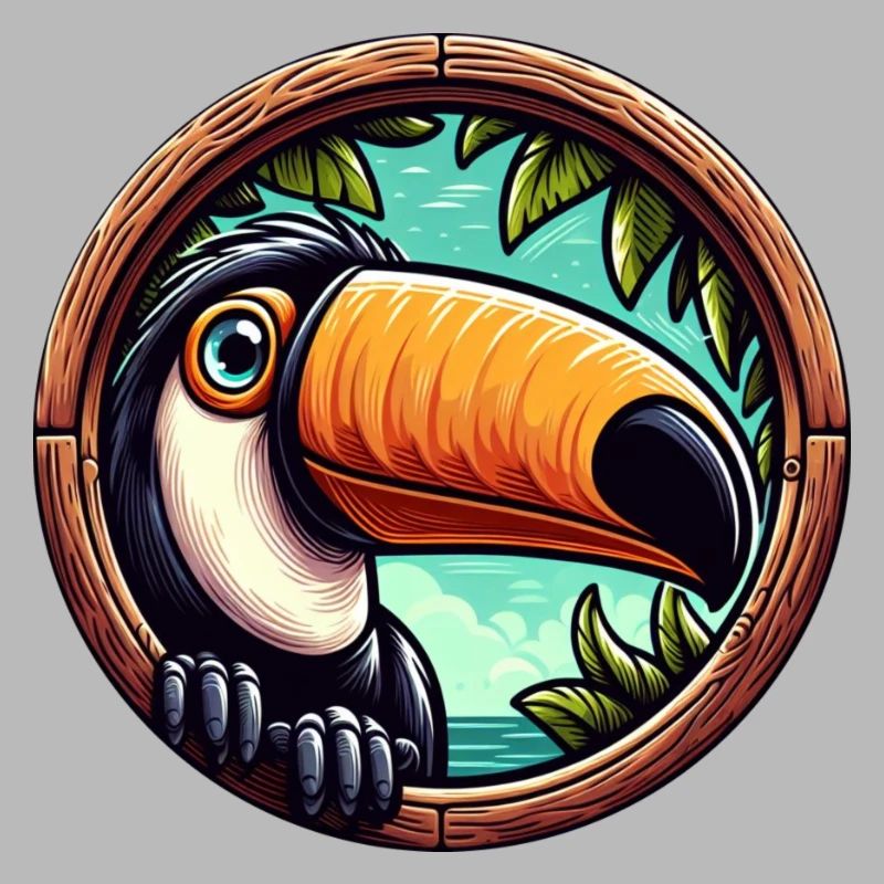 Cartoon toucan looking through round window