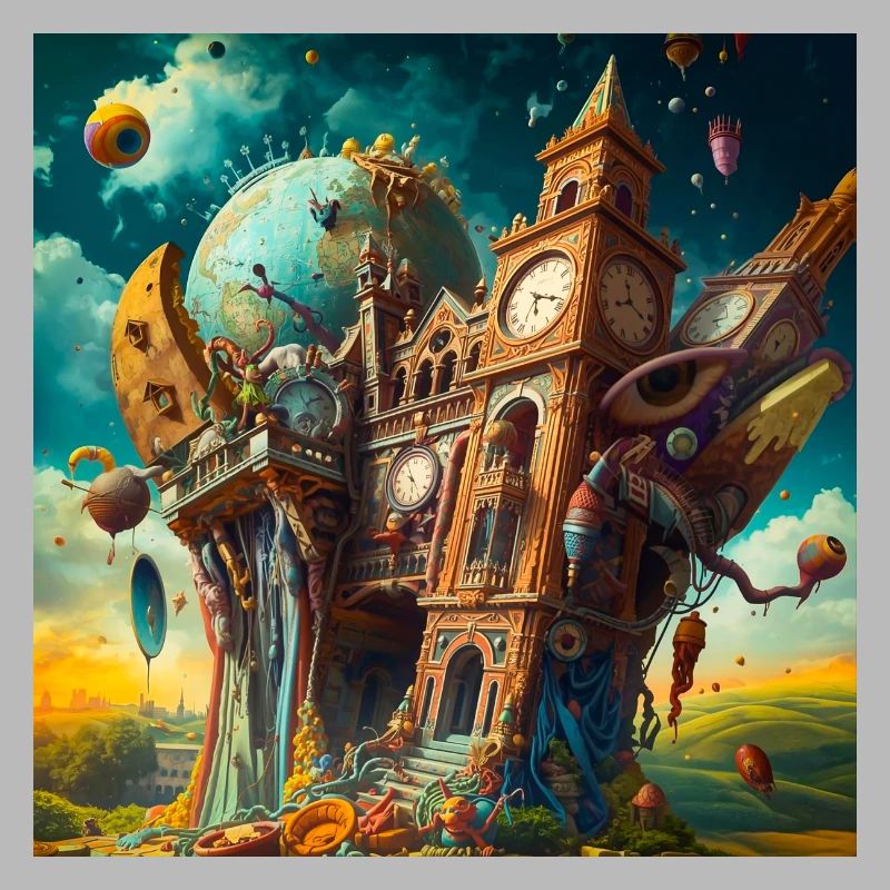 Surreal clock tower and globe