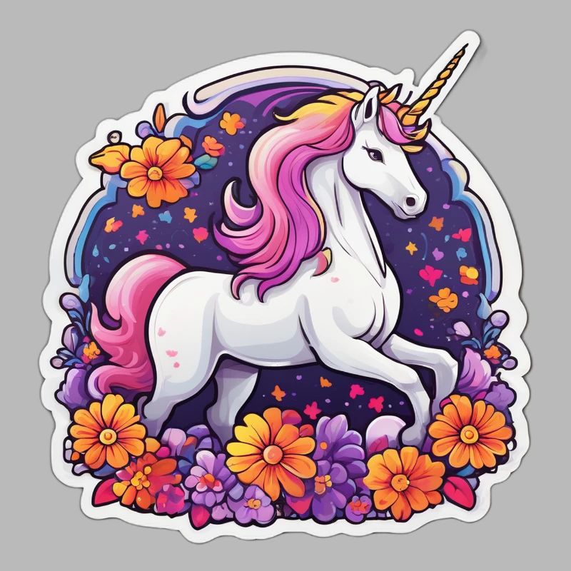 Helles Einhorn, umgeben von Kosmosblumen
