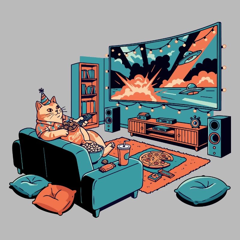 Thick Sofa Cat Chips TV Cinema Evening Cat Motif