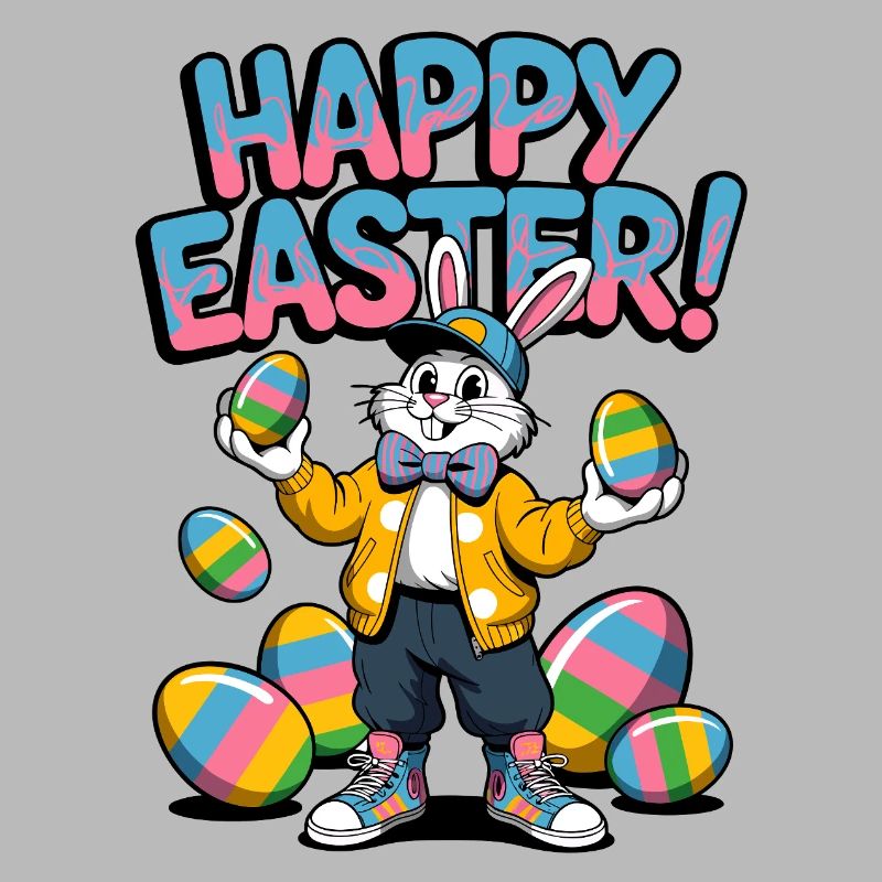 Fröhlicher Osterhase mit bunten Eiern