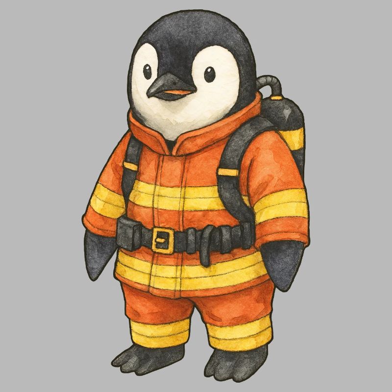 Niedlicher Pinguin Feuerwehrmann Sicherheitsheld