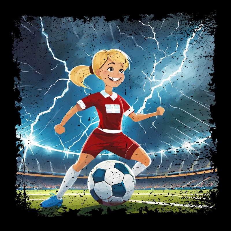 Fussballerin Comicfigur Stadion mit Blitzen