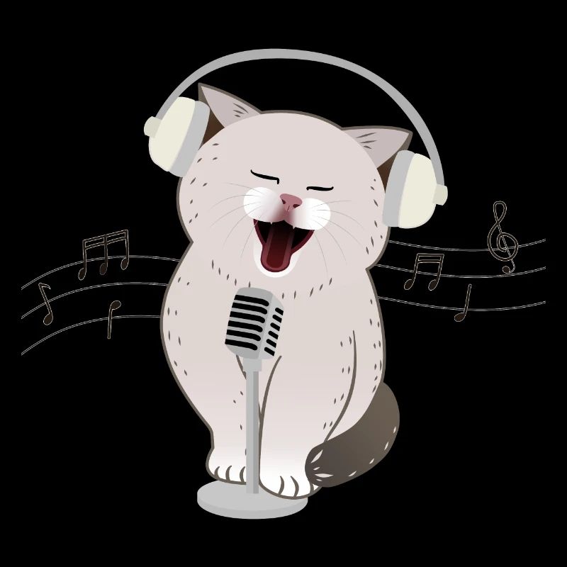 Chat mignon chantant avec des écouteurs et un microphone