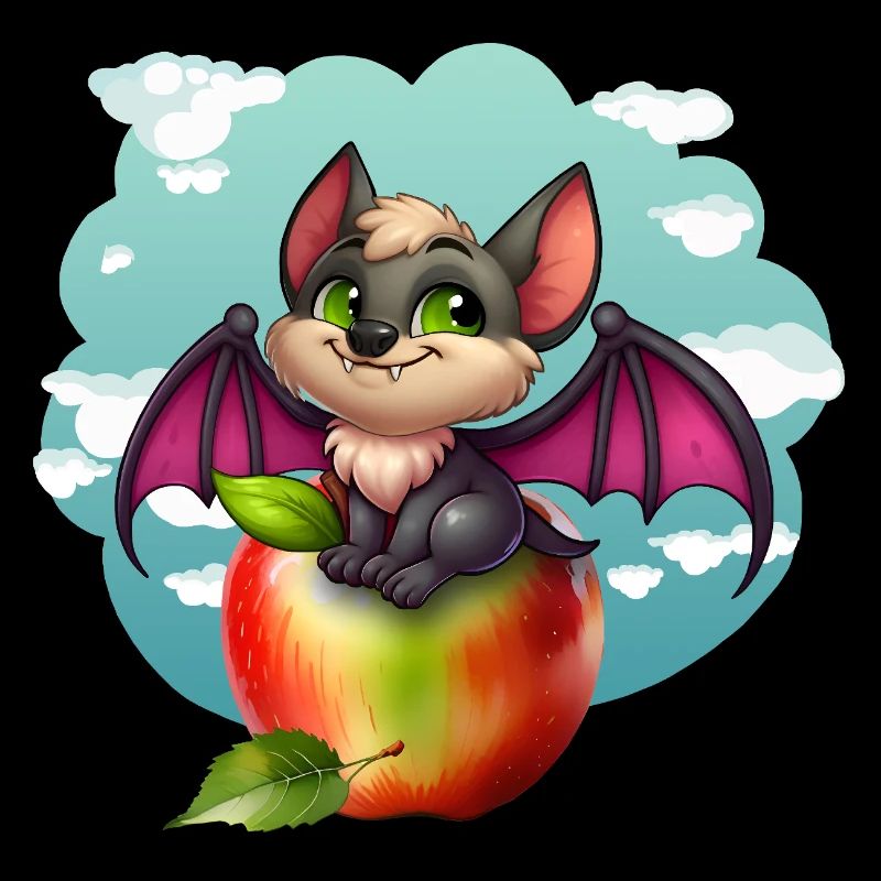 Cute Bat and Apple Fantasy Design