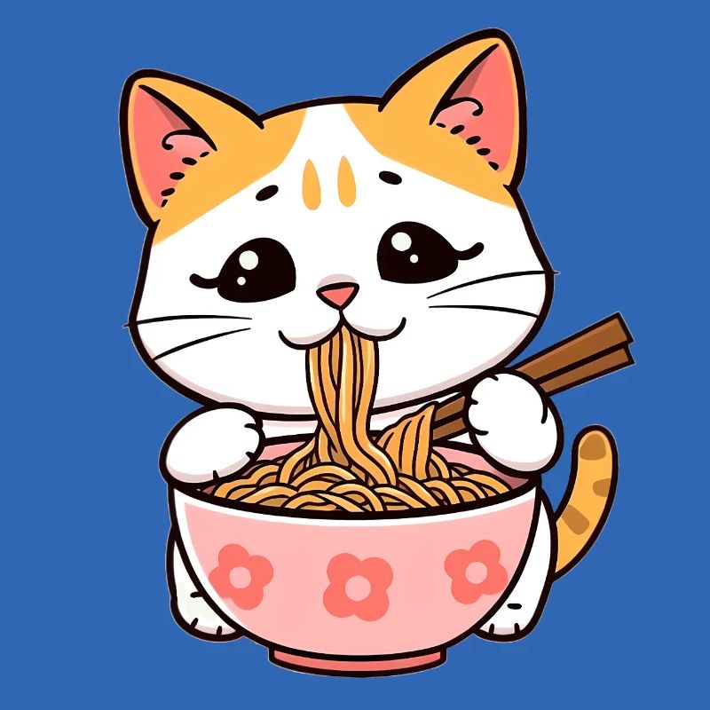 Cat Eats Ramen Noodles