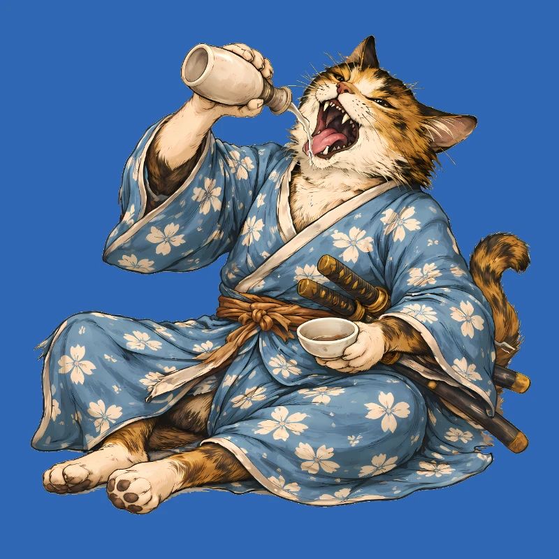 Samurai-Katzen-Sake im japanischen Ukiyo-e-Stil