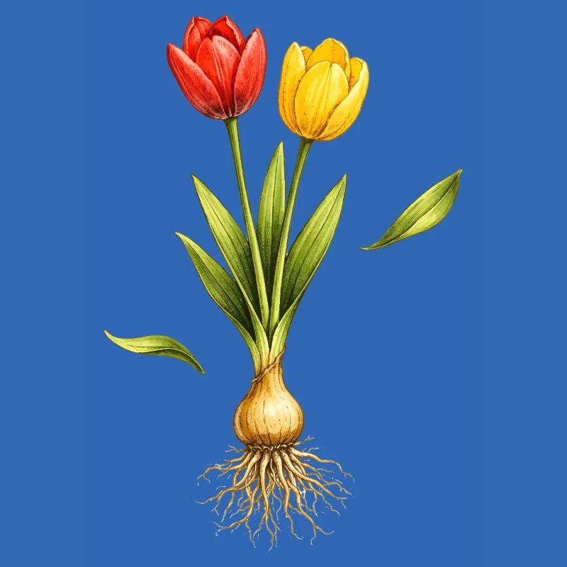 Two tulips with visible bulb and roots