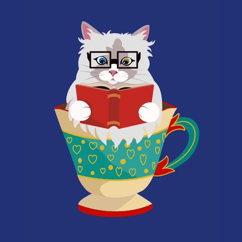 Niedliche Ragdoll-Katze, die ein Buch in einer Kaffeetasse liest
