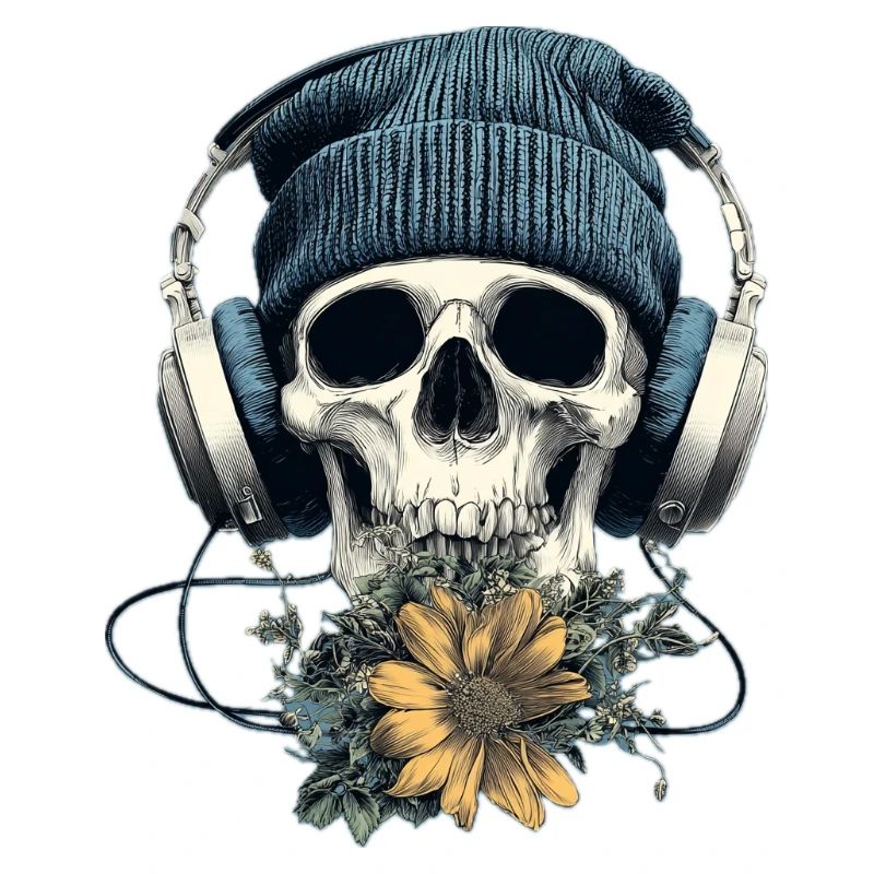 Crâne avec casque et fleurs