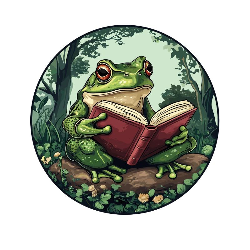 Frosch im Wald liest Buch