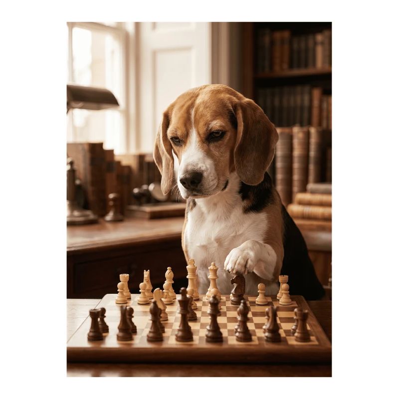 Beagle dog playing chess