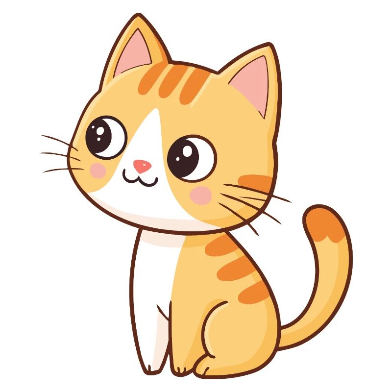 Kawaii-Orange-Kätzchen sitzt mit einem schelmischen Lächeln da