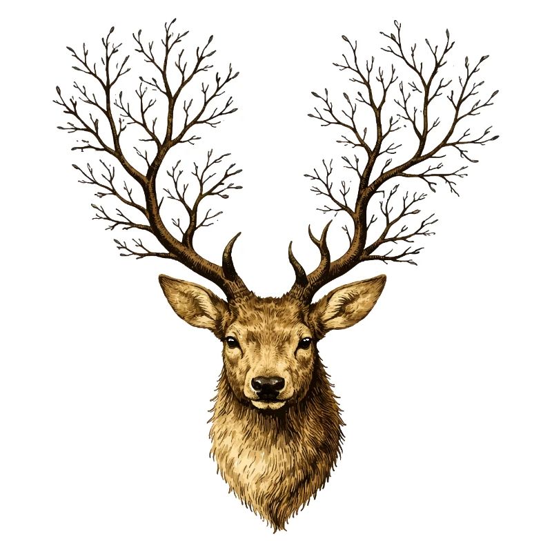 Hirschkopf mit Baumgeweih – Mystischer Waldgeist