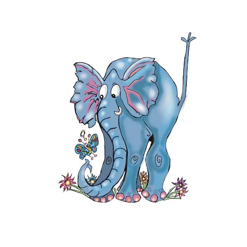 Verspielter blauer Elefant und Schmetterlinge