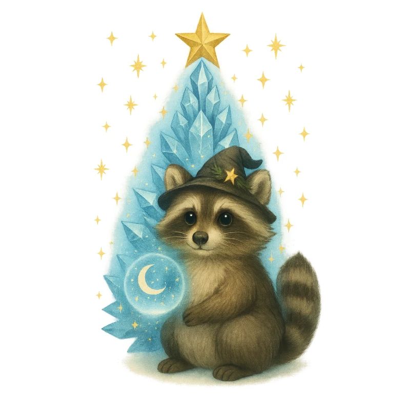 Raton laveur magique devant le sapin de Noël