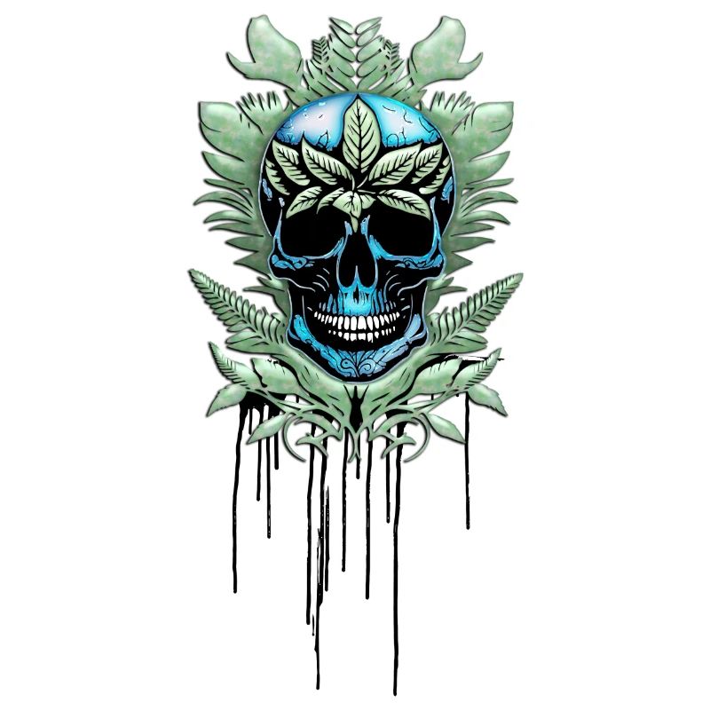 Elegant blue decorative skull with leaves.