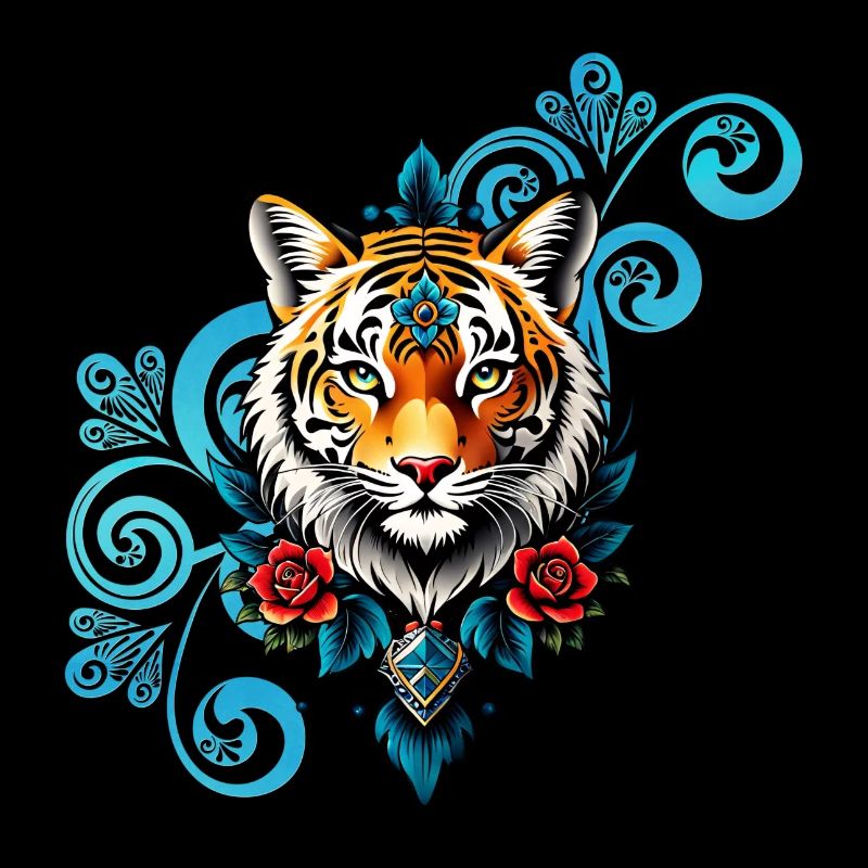 Tiger mit Blumenschmuck.