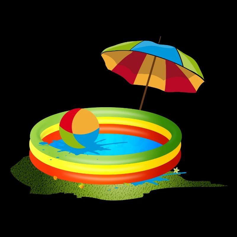 Buntes Planschbecken mit Sonnenschirm und Ball