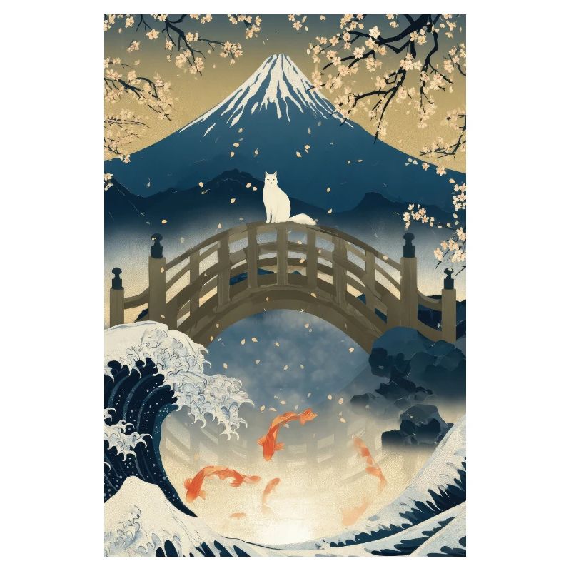 Cat on Bridge Beneath Mount Fuji Night