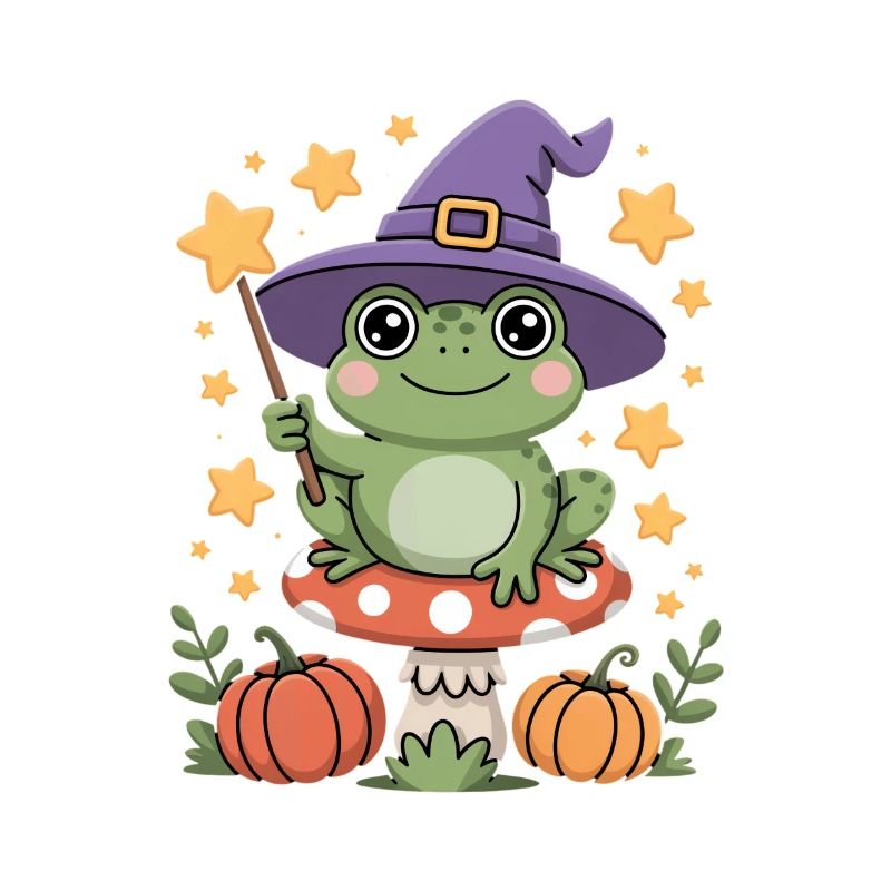 Cute witch frog on toadstool with magic wand