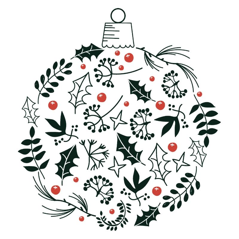 Weihnachtskugel mit Stechpalme und Vogelbeerblättern