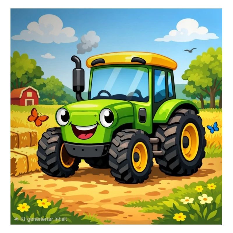 Fröhlicher Grüner Traktor auf Feld