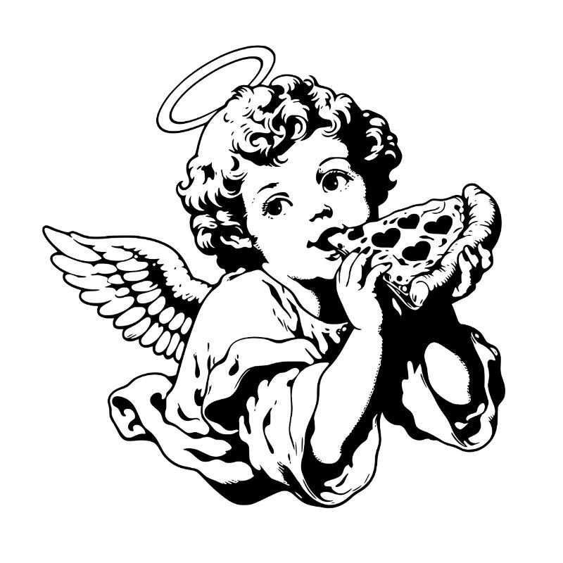 Pizza Engel – Cherub mit Pizzastück