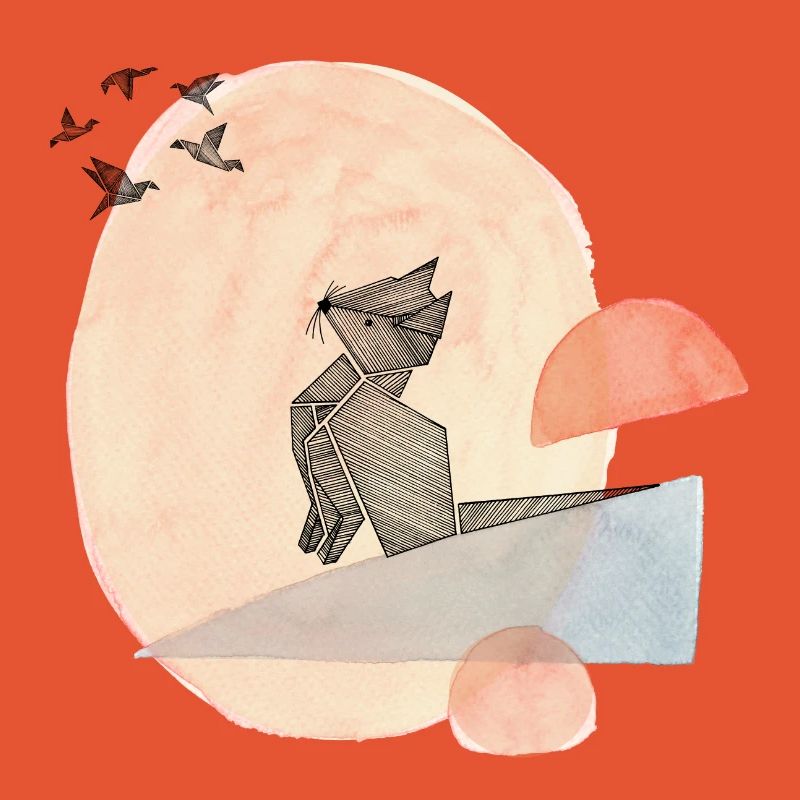 Illustration de l’origami du chat et des oiseaux