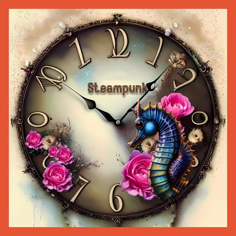 Steampunk Uhr mit Blumen und Seepferdchen