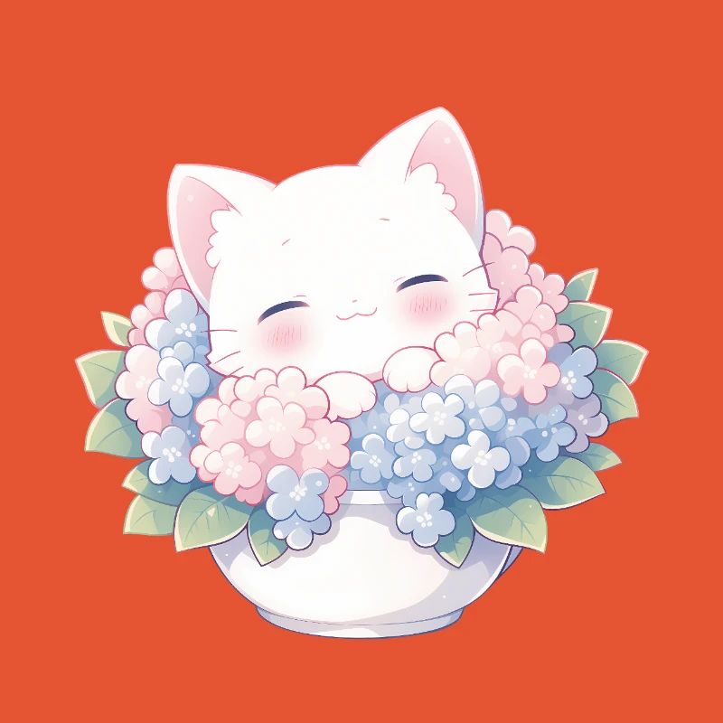 Cute White Cat in Hydrangeas – Kawaii Design