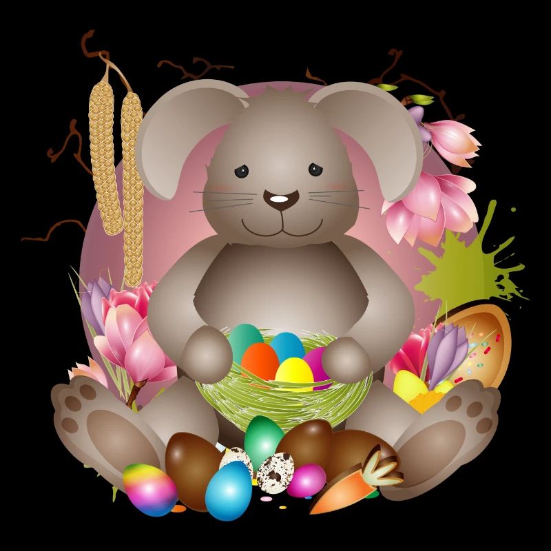 petit lapin de Pâques avec un nid de Pâques plein d’œufs de Pâques