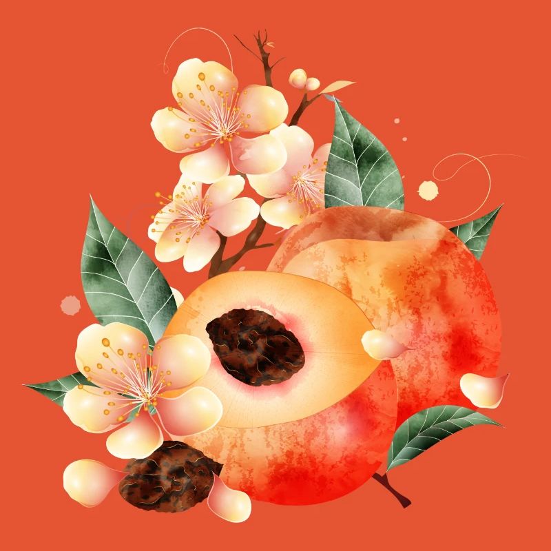 Peach Half, Peaches, Leaves & Peach Blossoms