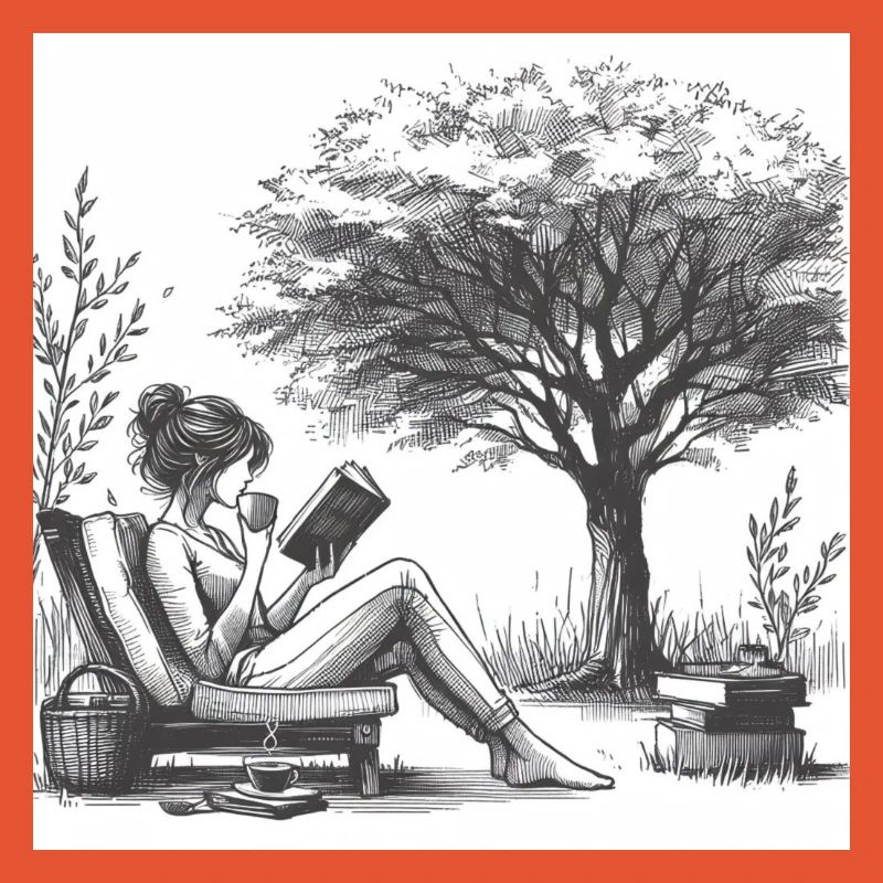 Frau trinkt Kaffee und liest ein Buch