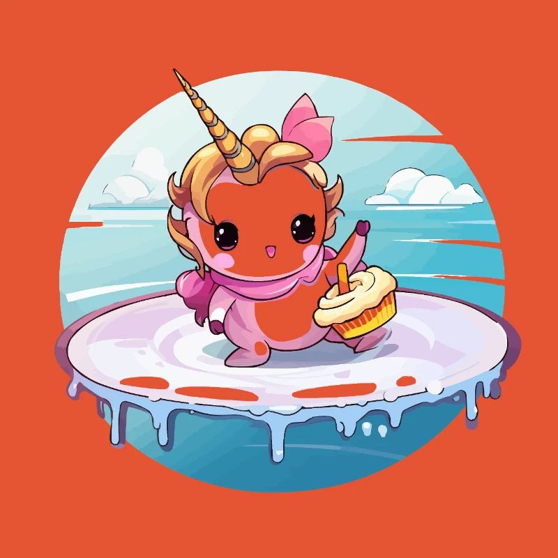 Einhorn am Surfbrett mit Cupcake