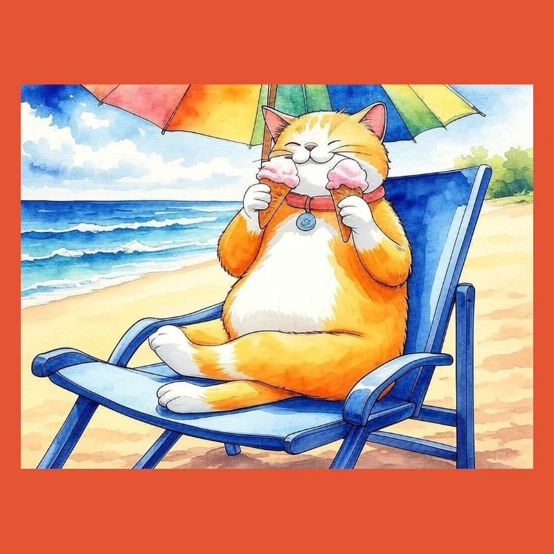 Katze am Strand mit Eiscreme
