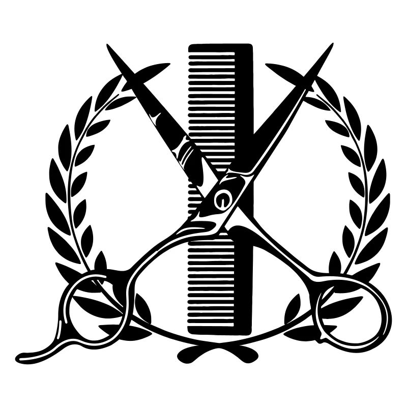 Logo couronne de laurier coiffeur, ciseaux avec peigne